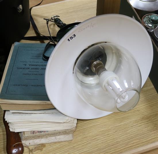 A railway lamp, railway ephemera, a brush and binoculars
